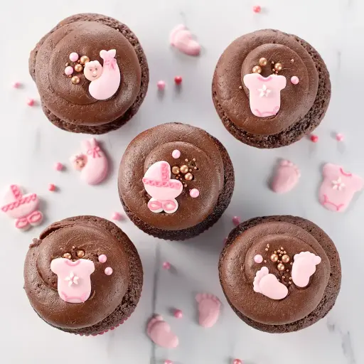 5 cupcakes Chocolat "Baby Shower" Rose